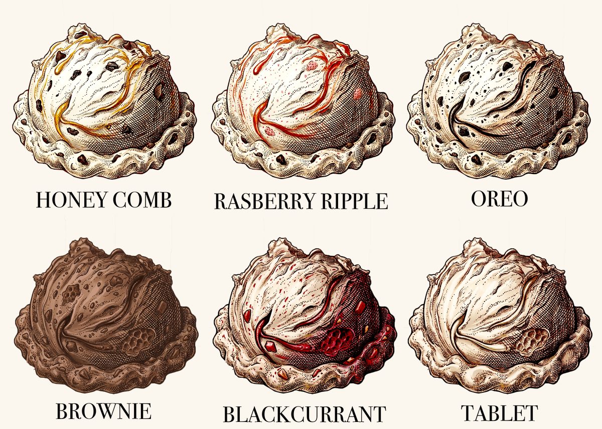 This week's ice cream flavours: Honeycomb, Raspberry Ripple, Oreo, Brownie, Blackcurrant, Tablet